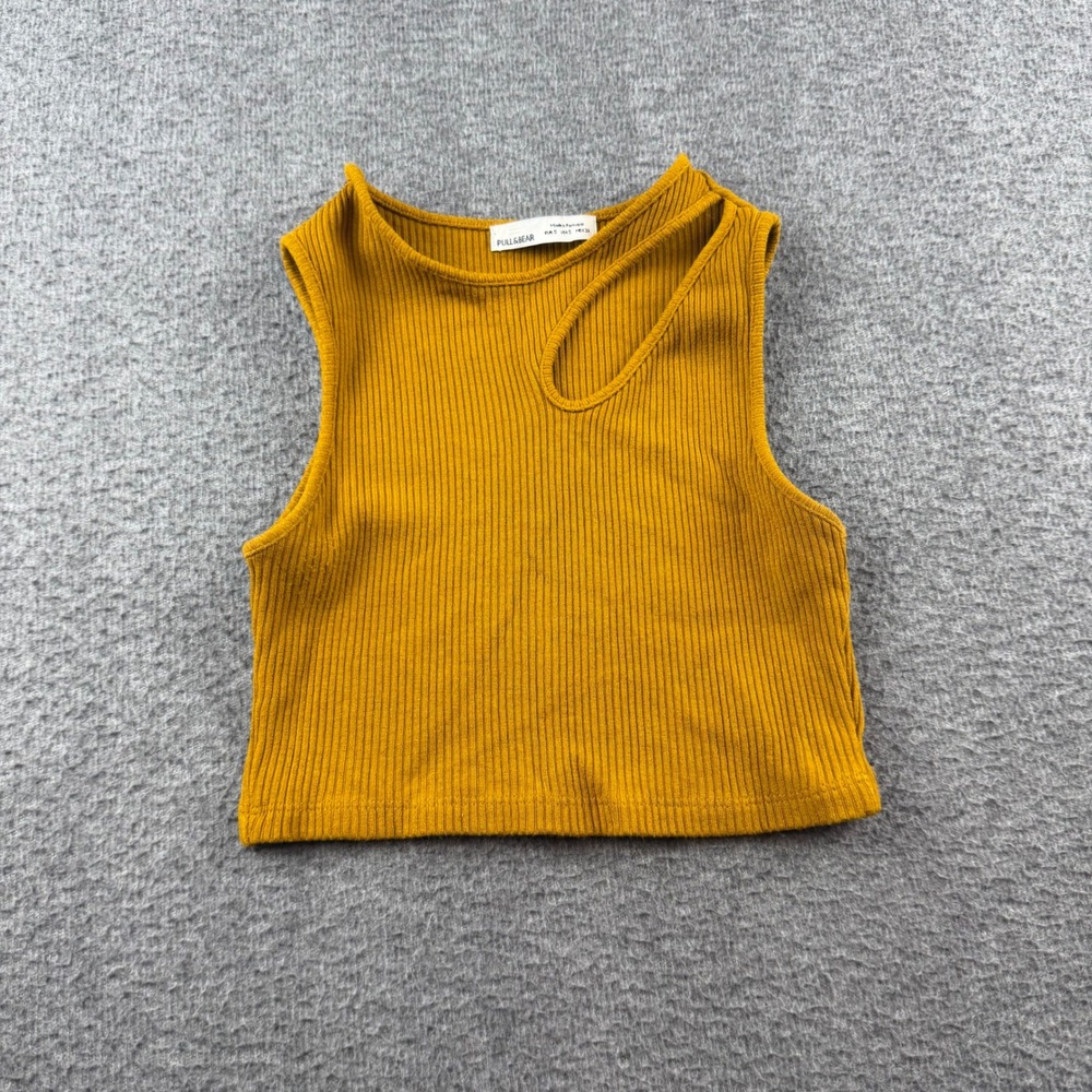 Pull&Bear Crop Top Women's S Yellow Ribbed Cutout Sleeveless Knit Tank‎